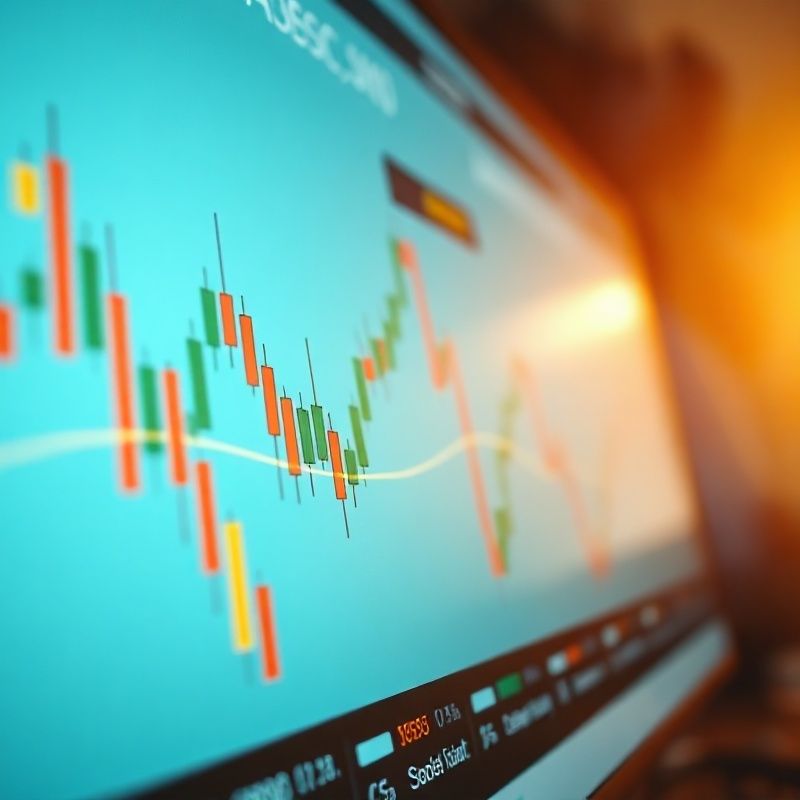Close-up of a teal-modern trading interface with candlestick chart and automated order markers