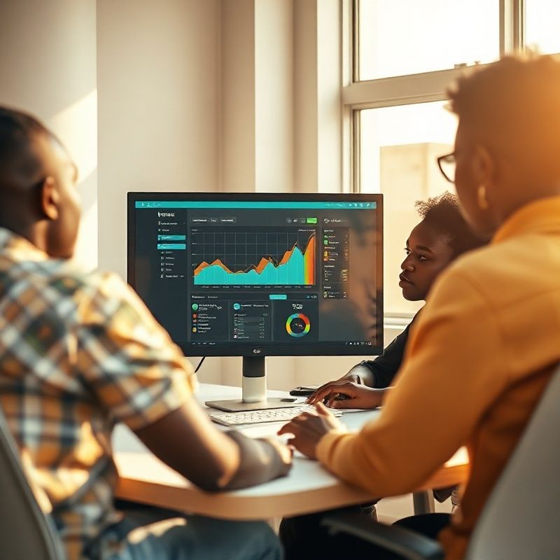 Small tech team in a bright Thika office around a monitor showing a teal-modern analytics dashboard