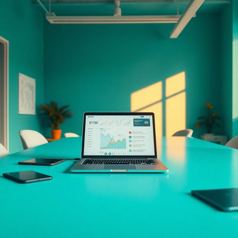 Minimalist teal-modern workspace in a Kenyan tech office with a laptop showing the Torvannis dashboard